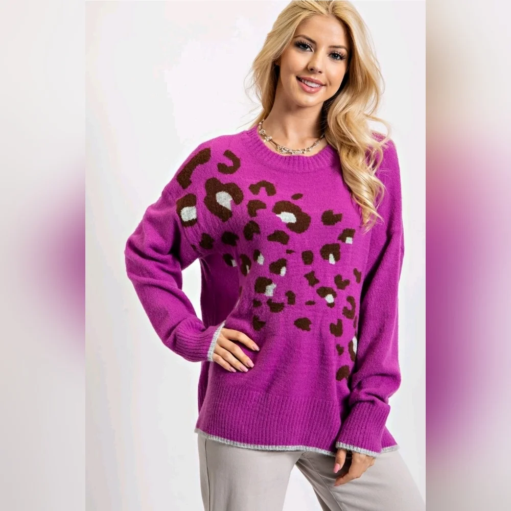 NEW!!! Umgee Fuchsia Leopard Print Sweater,Sz Large,NWT - Picture 2 of 3